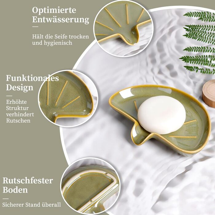 Керамічна мильниця з піддоном ANTIS'S HOME, Зелений милотримач на магнітній основі для ванної, душу та умивальника, Сучасний декор для ванної кімнати