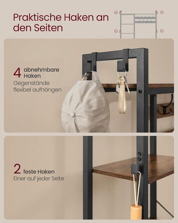 VASAGLE Coat Rack with Shoe Bench, Coat Rack, 5 Shelf Levels made of Particleboard, 9 Triple Hooks, 6 Side Hooks, 40 x 120 x 190 cm, Stone Gray-Ink Black HSR426B04 (Vintage Brown + Ink Black)