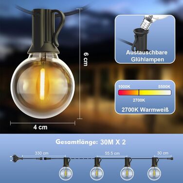 LED гірлянда Yuusei 60м з 100+4 лампочки (тепле світло), IP45, для дому та саду