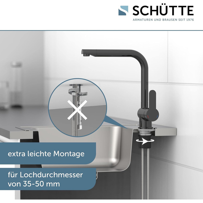 Шу́тте (SCHÜTTE) 79826 RIO - кухонний змішувач 360° з високим виливом, однорідний, для одинарної/подвійної раковини, з графітовим покриттям (графіт-глянець)