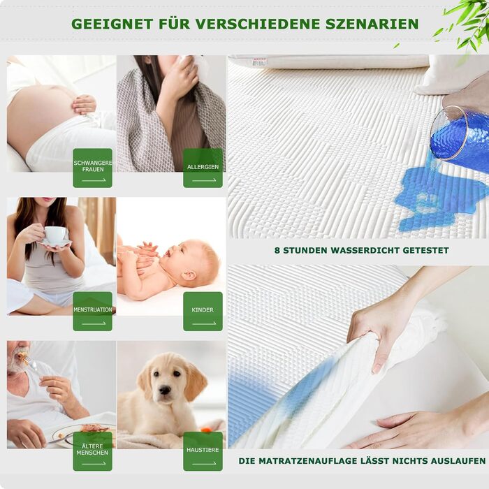 GRT Mattress Protector waterproof 180x200cm, 3D-Air Bamboo Fiber Cooling Mattress Cover & washable incontinence pad, breathable, ultra-soft and noiseless, suitable for mattresses up to 30 cm height