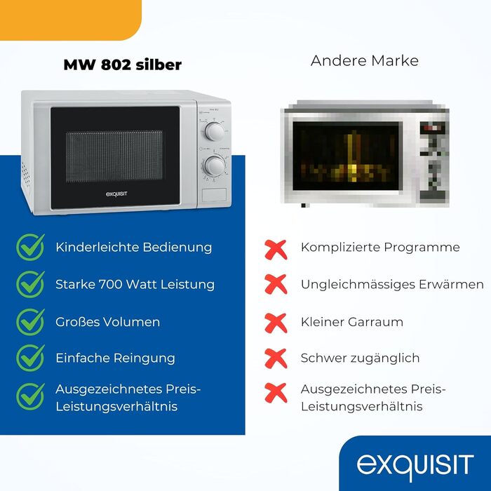 Мікрохвильова піч Exquisit MW 802 срібна 20L, 700W, 5 рівнів потужності, таймер, функція розморожування
