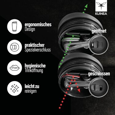Термокружка для кави KUINEA To Go 350 мл, нержавіюча сталь, 6 годин тепла, з гігієнічним клапаном, без BPA, зелена