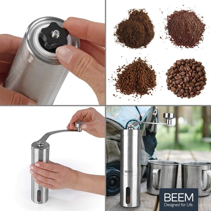 Ручна кавомолка BEEM GRIND-2-GO, 40 г, конічний жорн, безступеневе регулювання помолу, нержавіюча сталь, бавовняний мішечок