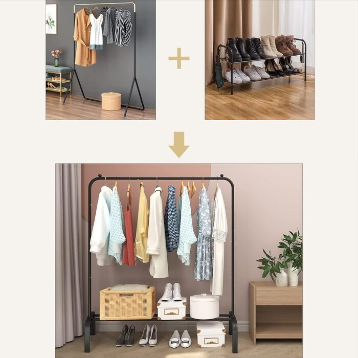 JIUYOTREE Clothes Rack, Coat Rack, Metal Clothes Bar, Durable Clothes Rack with Bottom Frame for Coats, Skirts, Shirts, Sweaters, White (Black)