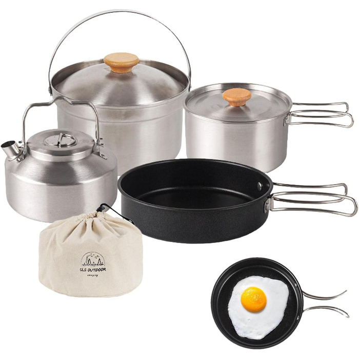 Набір кухонного посуду Pomurom Outdoor: нержавіюча сталь, для кемпінгу, пікніків та походів. Включає каструлю, чайник, набір посуду та сумку для зберігання