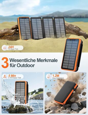 Сонячний павербанк 26800mAh elzle з 2 USB-A виходами та 1 USB-C входом, водонепроникний зовнішній акумулятор з 4 сонячними панелями та ліхтариком для смартфонів, планшетів, кемпінгу (Помаранчевий)