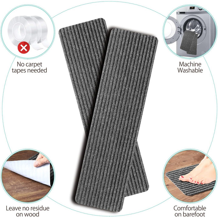 Килимок на сходи ToStair, 20x76 см (15 шт.) - антиковзка підкладка для сходів, захист для дерев'яних ступенів, килимки на сходи для дому (сірий)