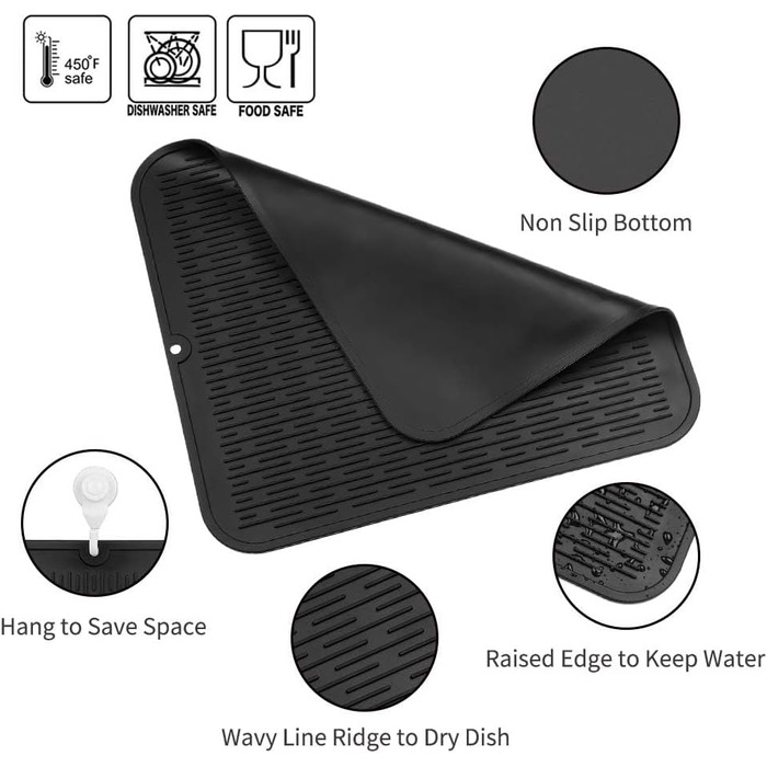 Силиконова килимок для сушіння посуду - килимок для посуду, BPA-free, стійкий до високих температур, неслизький, з щіткою (Чорний, 60 x 40 см)