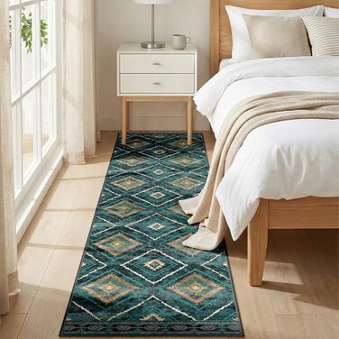 Килимок-довгий (60x300 см) для прихожого, кухні, вітальні та офісу. Нековзкий, з коротким ворсом, миючий, складаний, у стилі бохо, чорно-білий, petrolgrün