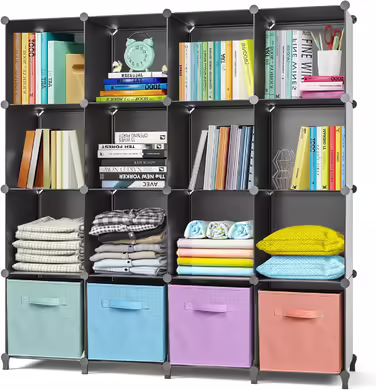 AWTATOS Closet with 16 Cubes, Storage Shelves, DIY Cube Shelf, PP Plug-in Shelf, Plastic, Kids' Shelf, Toy Shelf, Folding Closet, Shelves, Standalone Shelf, Black ULPZ017