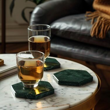 Marble Coasters for Drinks with Metal Stand for High-End Lifestyle (Set of 6) (Hexagonal, Emerald Green)