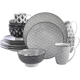 Набір посуду Vancasso Haruka 16 предметів: тарілки для їжі (26.5 см), десертні тарілки (21.5 см), миски для каші (15.2 см) та чашки (360 мл) чорного та кремового кольорів