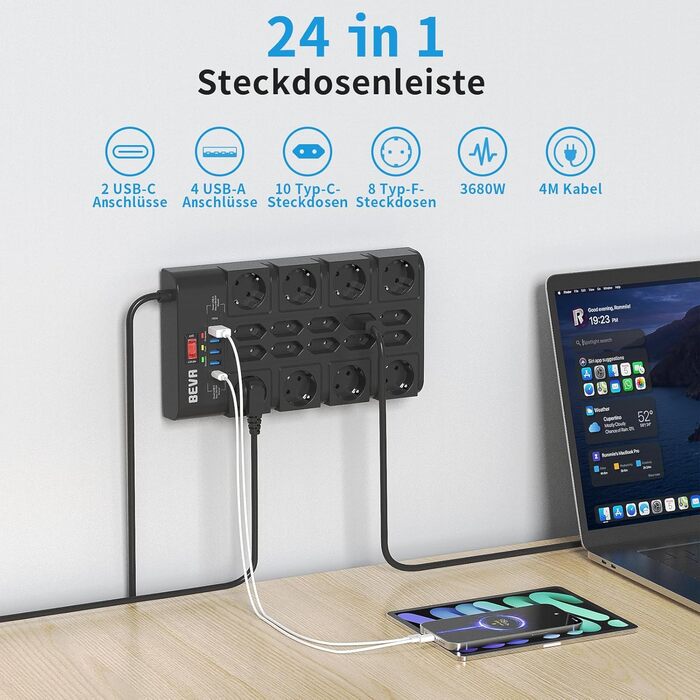 Мережевий фільтр BEVA з 18 розетками, 3680W/16A, захист від перенапруги 2100 Дж, 2 USB-C (15W) + 4 USB-A, з вимикачем, для офісу та дому