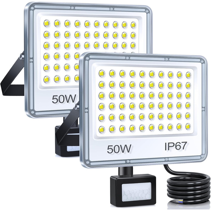 LED Flood Lights with Motion Sensor Outdoor 100W 2 Pack, 10000LM LED Spotlights with Motion Sensor, 6500K Cool White Outdoor Floodlights, IP67 Waterproof Floodlights for Warehouse Garden Garage (50W-2PC)