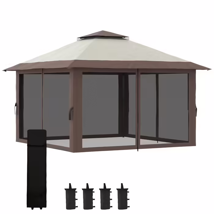 Outsunny Folding Gazebo 4x4m Garden Gazebo Adjustable Height with UV Protection & Mosquito Curtains, Double Roof in Beige for Garden Parties