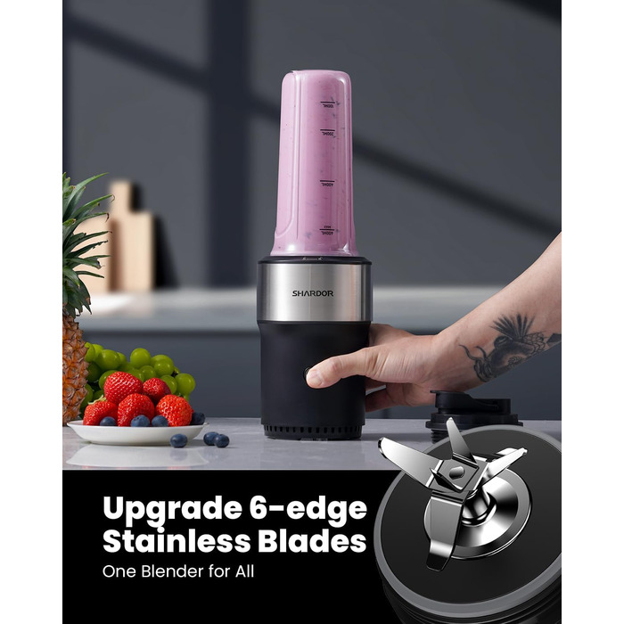 Блендер SHARDOR StandMixer HB-J666: 900W, 2 пляшки по 700мл, нержавіюча сталь, 6-лопатевий ніж, BPA Free, для смузі, шейків та соків