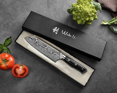 Японський ніж Wakoli Nitoko Santoku 18 см з дамаської сталі (67 шарів) VG10, HRC 60, G10 руків'я, Full Tang, для чистих нарізок, у подарунковій коробці