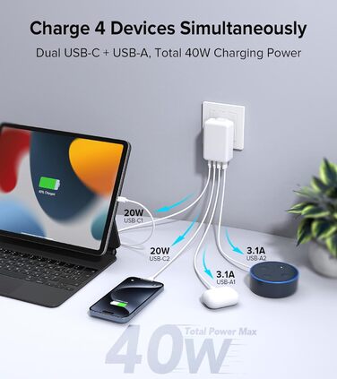 Зарядний пристрій USB-C 65W з 3 портами, кабель 2м, для MacBook, iPhone, Switch, Galaxy, Tablet, Laptop