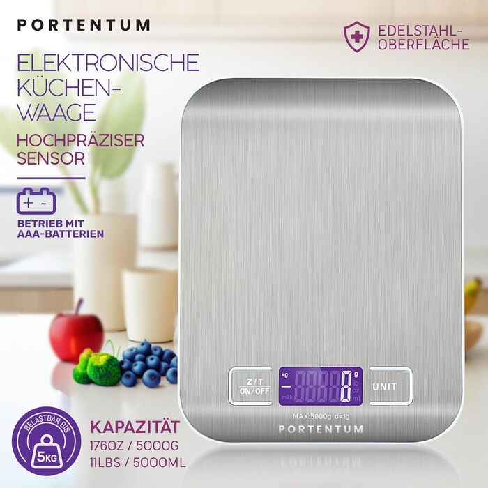 Кухонні ваги PORTENTUM 5 кг з LCD-дисплеєм, з нержавіючої сталі, з функцією тарування, для вимірювання рідини, точність 1 г, сріблясті