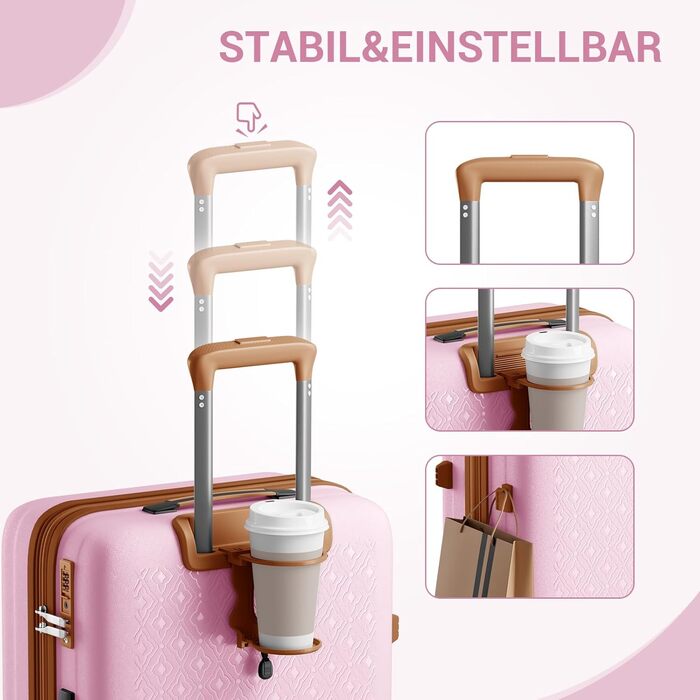 Чемодан KONO великий з підстаканником, жорсткий, легкий, з поліпропілену, розширюваний, на 4 колесах, з TSA замком, чорний/коричневий (рожевий/коричневий, XL)