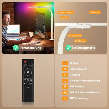 LED лампа настільна з двома головками, регульована яскравість, кріплення на струбцині, захист очей, денне світло, для офісу та ПК, RGB