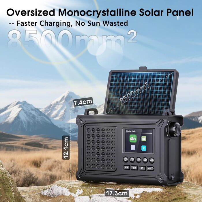 Радіоприймач Kurbelradio з DAB/DAB+/UKW, акумулятор 12000mAh, сонячна панель 8500mm², ручне радіо, Bluetooth 5.0, ліхтарик, ліхтар для читання, Outdoor, кемпінг, зелений (чорний)