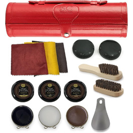 Stone & Clark 12-Piece Shoe Cream & Leather Care Set with Brown Wax, Shoe Brushes for Polishing, Compact Shoe Shine Kit with Horsehair Brushes & PU (Case: Hot Red)