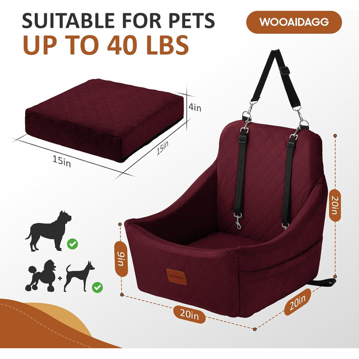 Автокрісло для собак середніх порід, переноска для тварин у машину з кріпленням ременем безпеки, знімна та пральна, з регульованими ременями, 3 ремені (Чорний) (Red, Medium)