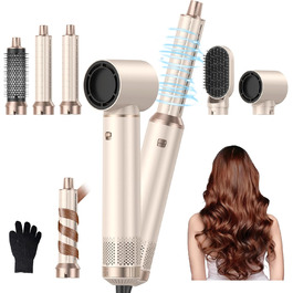 Набір для укладки волосся 5 в 1, фен-щітка, стайлер для локонів, термощітка, зелений (золотий)