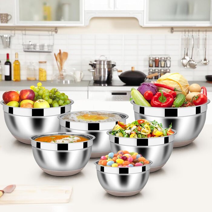 Homikit Mixing Bowl Set, Stainless Steel Bowl Salad Bowl 6-Piece Set with Airtight Lid & Khaki Silicone Bottom, Nesting, 4.6L/2.8L/2.5L/1.6L/1.2L/0.7L