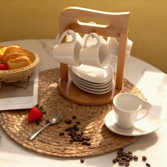 Набір еспресо-чашок з дерев'яним підставкою, 6 шт. по 80 мл, порцеляна, товстостінні, з підставками, для 6 осіб