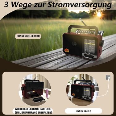 Портативна радіоприймач Klein з сонячною панеллю та акумулятором 1200mAh, AM/FM/SW, 8W динамік, TWS, USB/TF, для кемпінгу, надзвичайних ситуацій та відпочинку на природі (Сірий/Червоний)