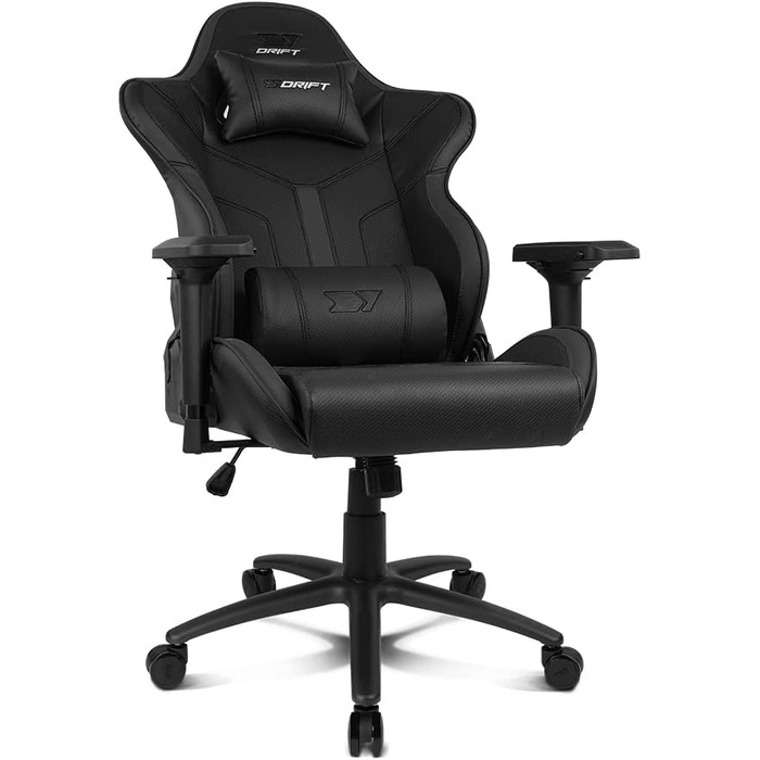 Професійне ігрове крісло DRIFT GAMING DR350 ергономічне, з 4D-підлокітниками, подушками під поперек та шию, нахил спинки 135°, безшумні колеса, чорно-біле
