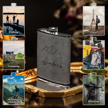 Набір фляга з гравіюванням гір, фляга з нержавіючої сталі 237мл/8oz, персоналізований подарунок на день народження для чоловіків, кемперів, туристів (сірий)