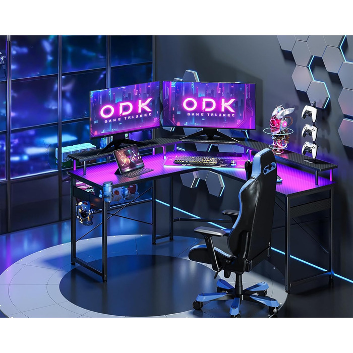 Ігровий стіл ODK 129x129 см з LED підсвіткою, розетками і USB, комп'ютерний стіл з великою полицею для монітора, карбон, чорний