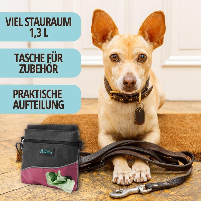 Сумка для кормів PetLove для собак • З магнітною застібкою • Дозатор для відходів • Можна носити на поясі (S, Рожевий)