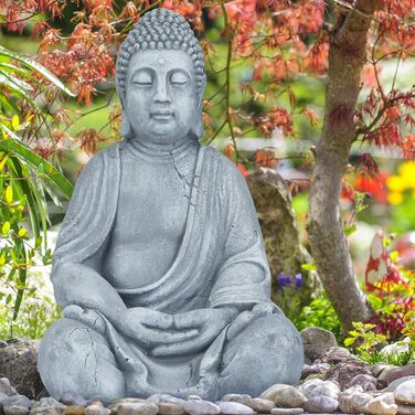 Relaxdays XL Buddha Figure Sitting, 50 cm tall, Feng Shui, Outdoor, Garden Decoration Figure, large Zen Buddha Statue, light grey