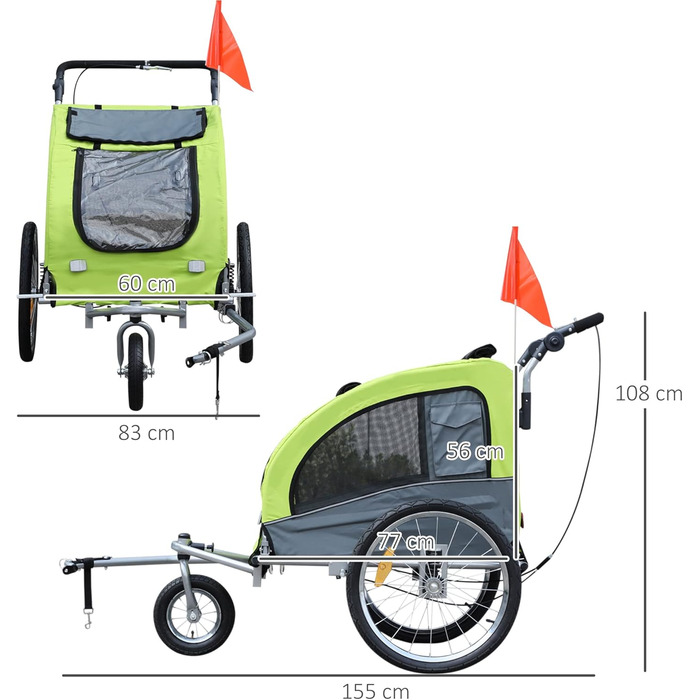 PawHut 2-в-1 Причіп для собак, велосипедний причіп для собак, візок для собак з відбивачами, прапорцем, причіп для собак PawHut, Oxford-тканина (Зелений)