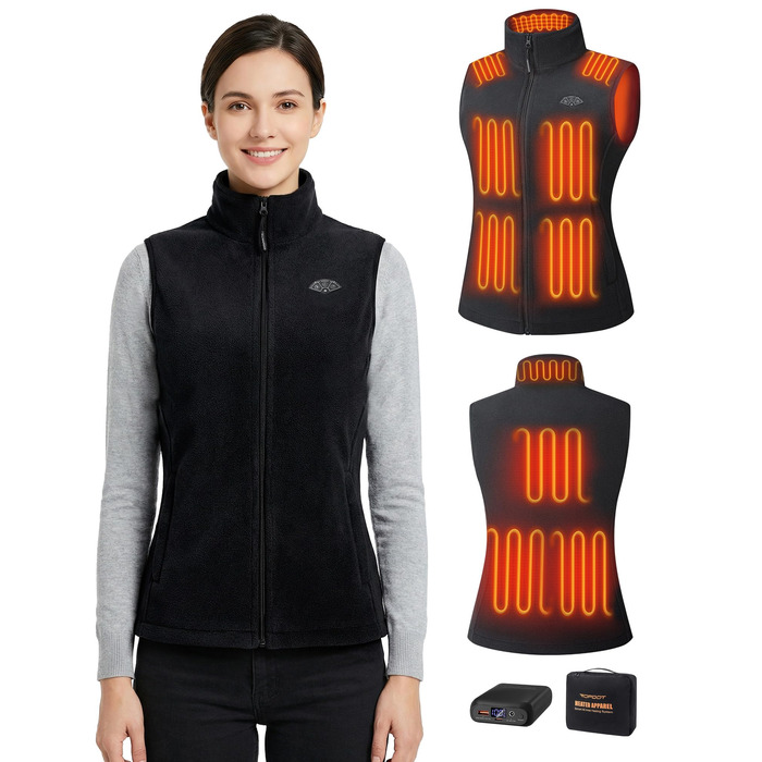 Електрична гріюча жилетка Topdot для жінок з флісу з Powerbank 7.4V 16000mAh, 10 зон нагріву, 3 температурні режими, для велоспорту, кемпінгу та outdoor-робіт, чорна, розмір M