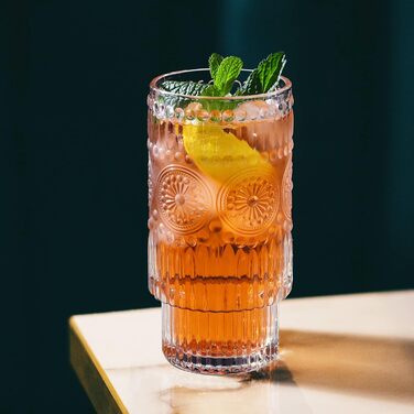Joeyan 340ml Vintage Water Glasses Stackable - Set of 4 French Drinking Glasses for Drinks, Cocktails, Tea - Creative Water Cup for Restaurant, Party, Bar, Event, Home
