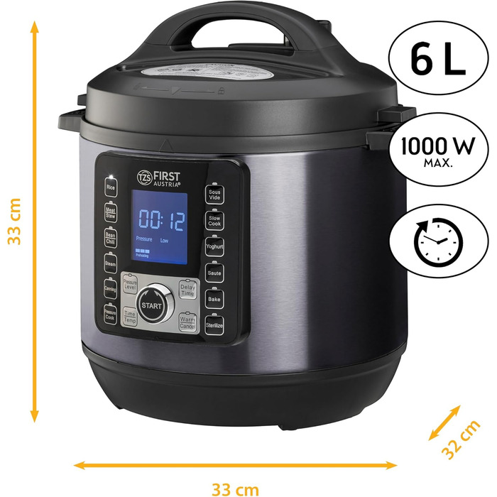 TZS First Austria Electric Pressure Cooker 6L | Multi-Cooker | 12 Programs Pressure Cooker | Rice Cooker | Steamer with Keep Warm Function, Grey-Black Stainless Steel Grey/Black