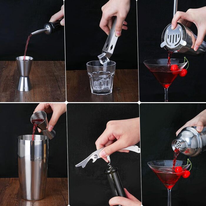 Cocktail Set, Godmorn Stainless Steel Shaker Set, 15-Piece Bartender Set with Improved Bamboo Stand, Recipe Book, Measuring Jigger, and Bar Spoon, 550 ml Gift Set for Home or the Bar