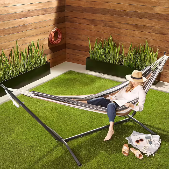 Amazon Basics Hammock with Stand, Fabric, One Size, 117 cm x 300 cm x 100 cm, Multicolored