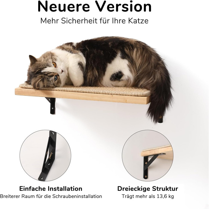 FUKUMARU Climbing Wall for Cats, Cat Bed Wall made of 2cm thick solid rubber wood with durable sisal scratching mat, 40x25cm Wall Cat Lounger/Cat Ladder