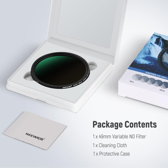 NEEWER Змінний ND-фільтр ND2-ND32 (1-5 ступенів затемнення) для камери, 49mm, з оптичного HD скла, водонепроникний, антибліковий
