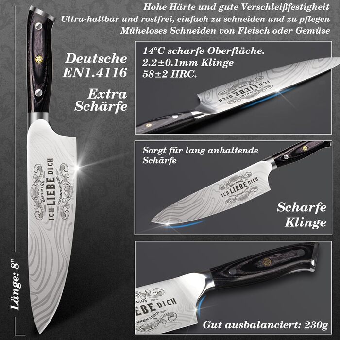 Updated Model - Valentine's Day Kitchen Knife Sharp Gift for Him, Professional Chef's Knife with Wooden Box, Partner Gifts for Men Husband, I Love You Valentine's Day Gift