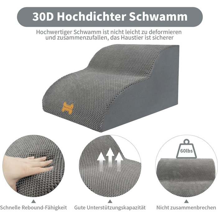 Non-slip dog stairs for small dogs, 2-step, pet stairs for bed and sofa made of high-density sponge, dog stairs/ramp with removable, washable cover and non-slip bottom, 55x40x30cm