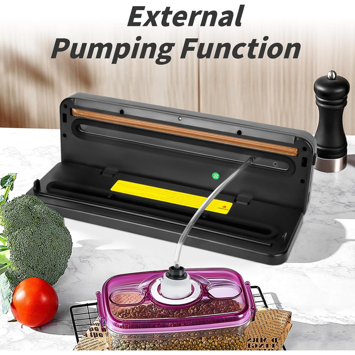 Вакуумний пакувальник 6-в-1 з цифровим LED-дисплеєм та 30 см зварювальною лінією, 50 шт. вакуумних пакетів, зовнішній шланг, для сухих та вологих продуктів, срібла