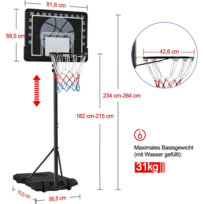 Yaheetech Adjustable Height Basketball Stand with Wheels - Portable Basketball System with Fillable Base - Indoor/Outdoor Basketball Hoop, 264cm